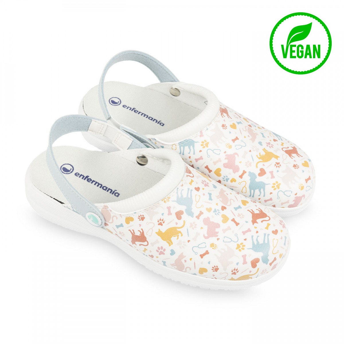 Zuecos veganos para enfermeras en color blanco con estampados animales de colores, antideslizantes e ideales para turnos largos.
